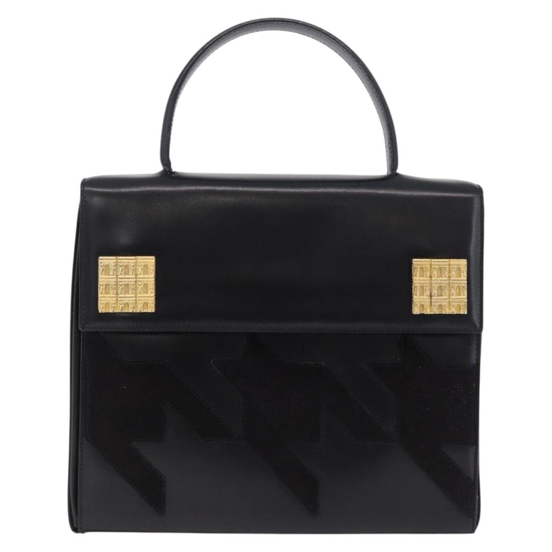 CELINE Hand Bag Leather Black Gold Tone Auth 198516V