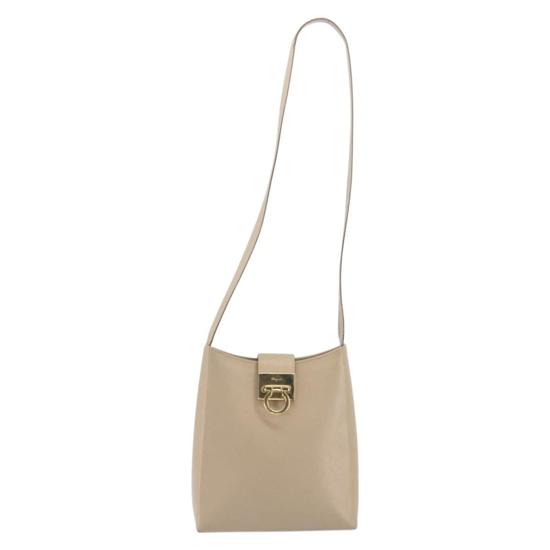 Salvatore Ferragamo Gancini Shoulder Bag Leather Beige Gold Auth 197467