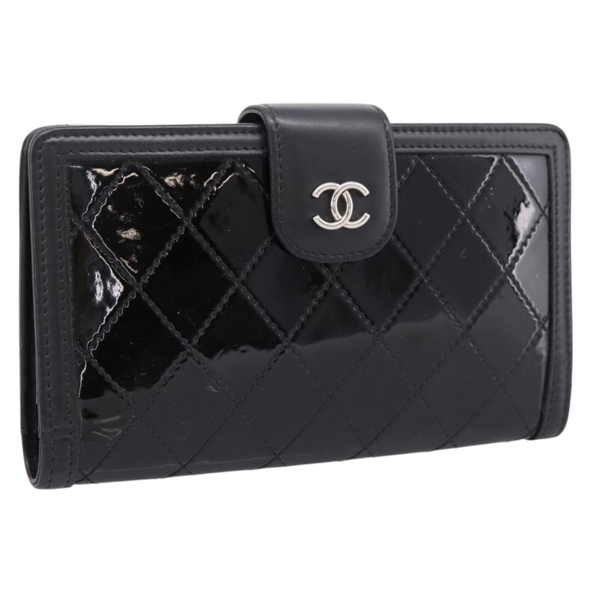 Chanel Matelasse Long Wallet Patent Leather Black Silver CC