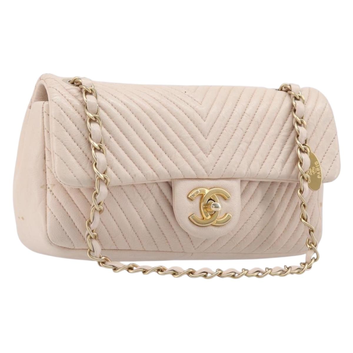 Chanel V-stitched Chain Shoulder Bag Lamb Skin Ivory Gold Tone CC