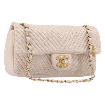 Chanel V-stitched Chain Shoulder Bag Lamb Skin Ivory Gold Tone CC