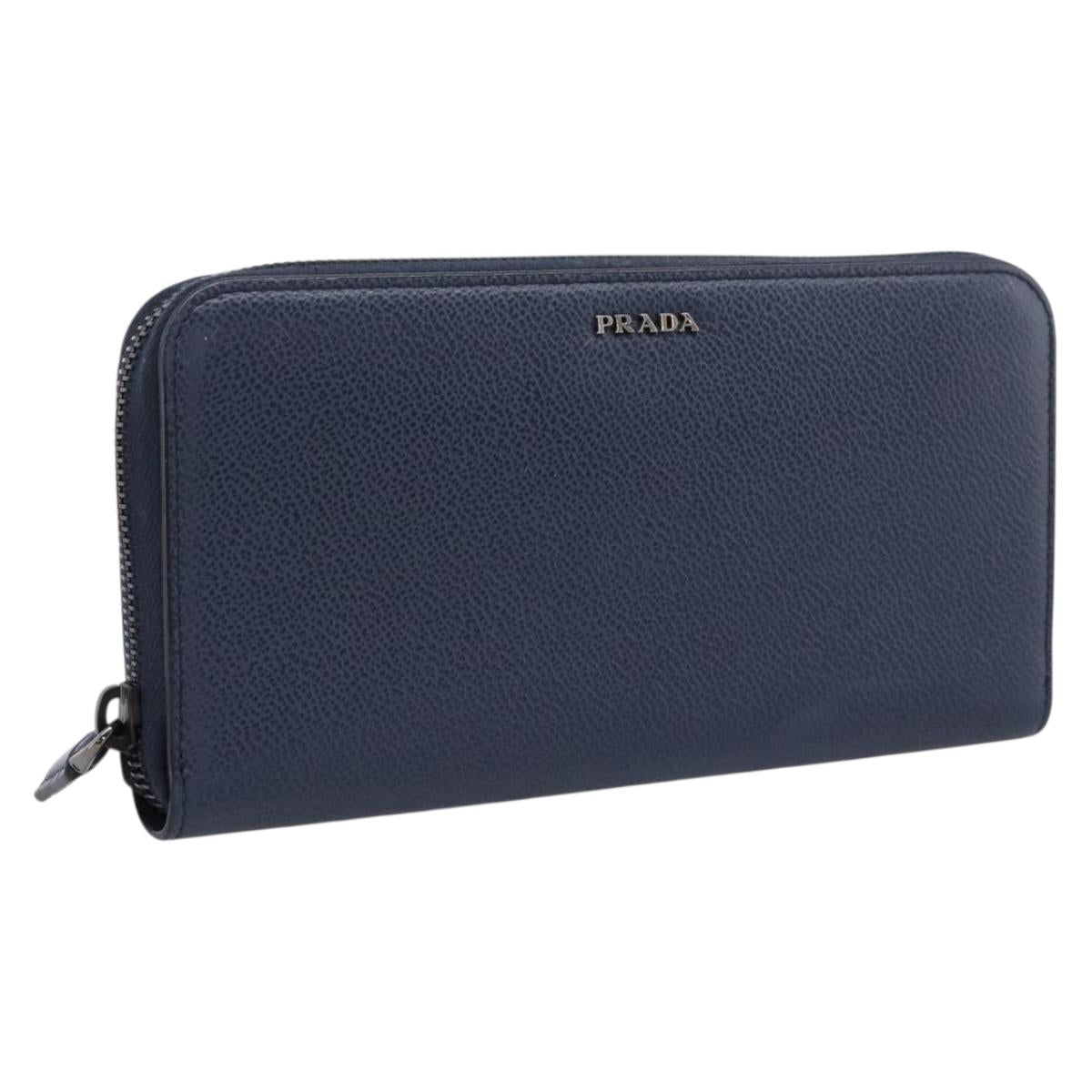 Prada Long Wallet Leather Navy Silver
