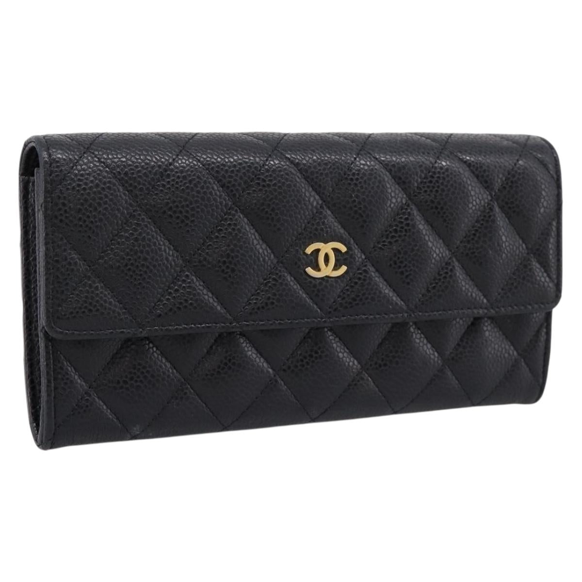 Chanel Matelasse Long Wallet Caviar Skin Black Gold CC