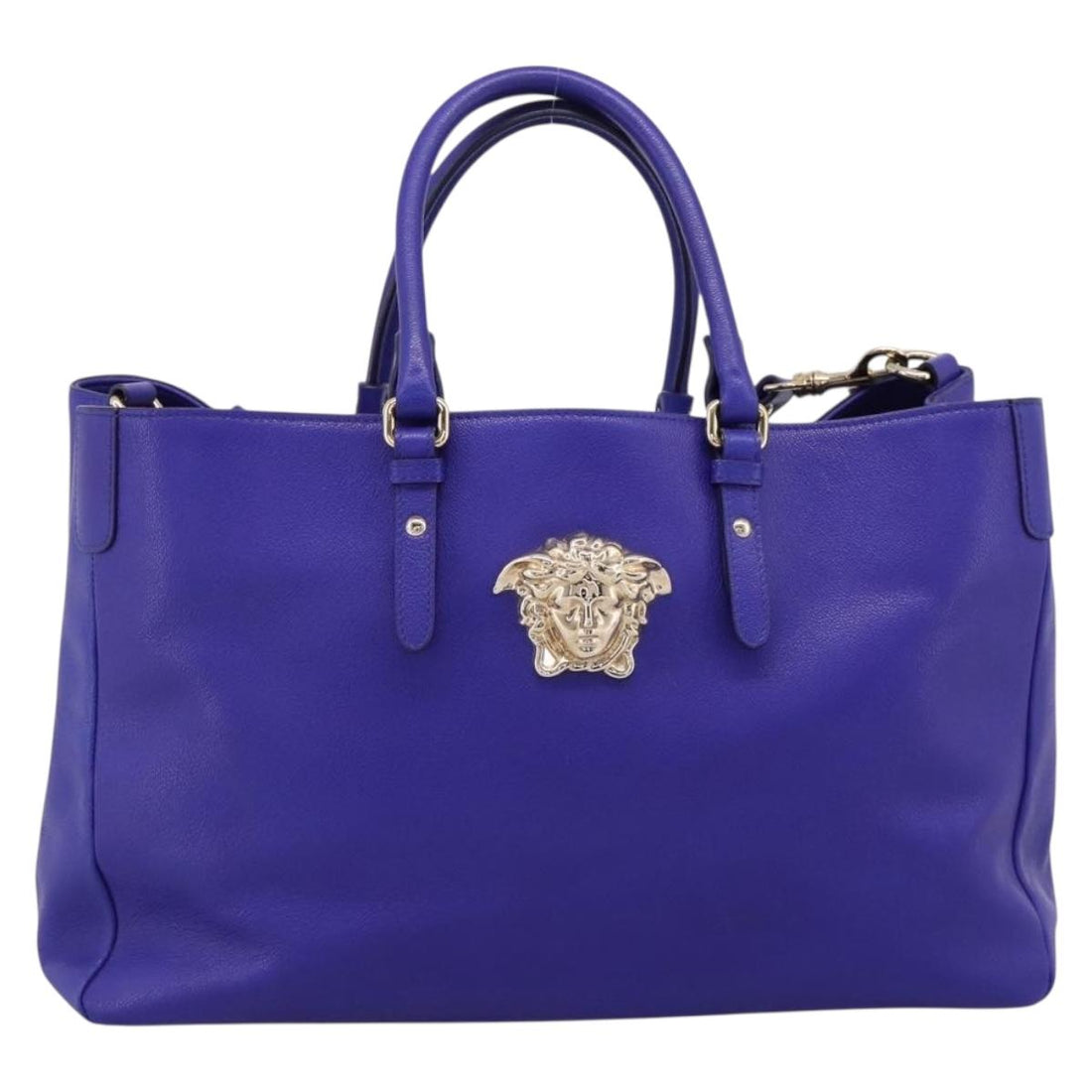 VERSACE Medusa Tote Bag Leather 2way Blue Gold Tone Auth BA14875V
