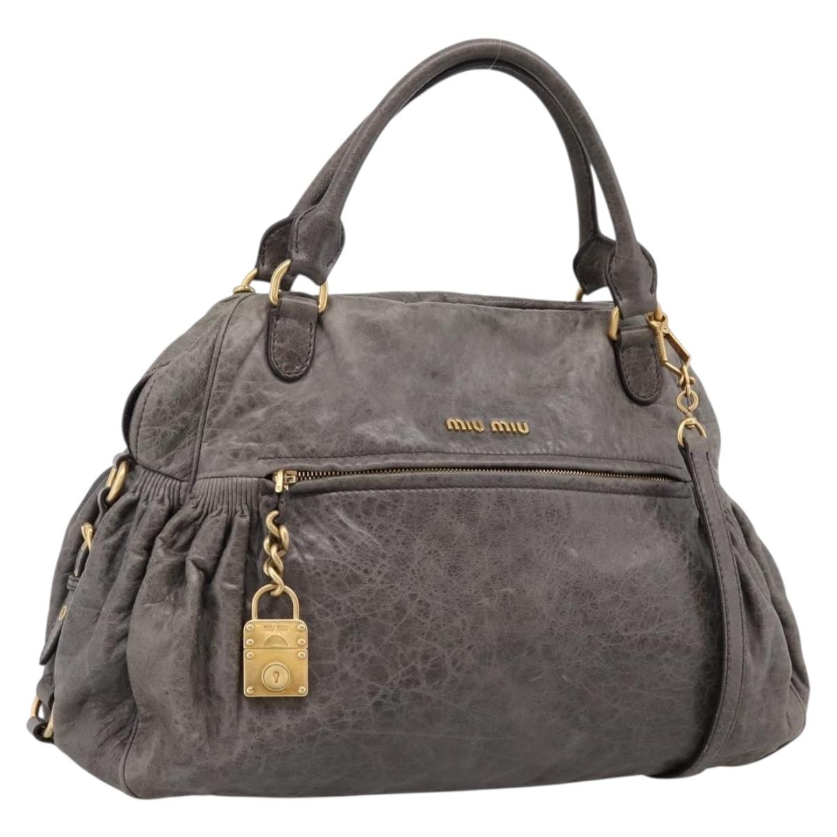 Miu Miu Vitellolux Handbag Leather 2way Gray Gold