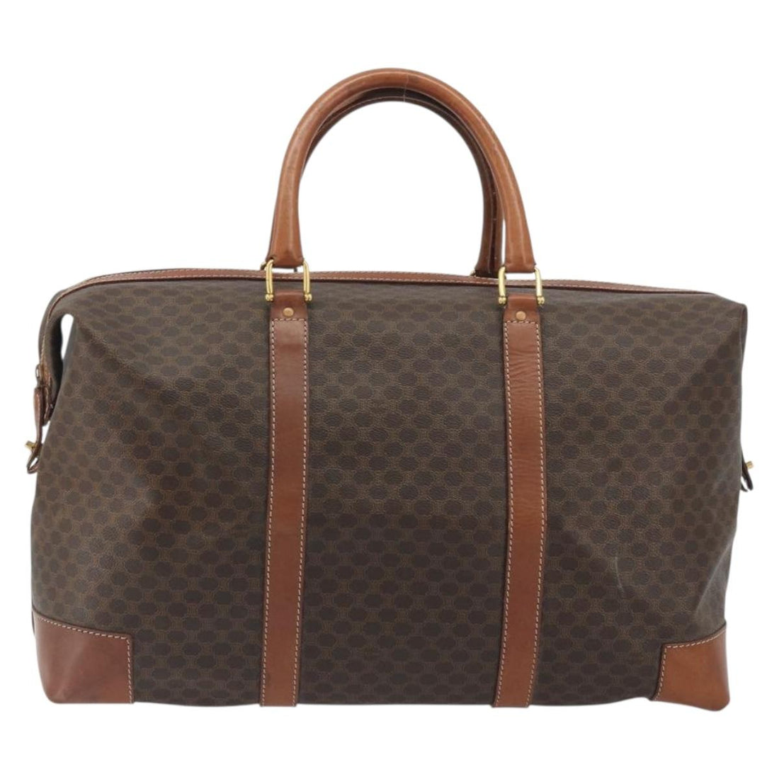 CELINE Macadam Canvas Boston Bag PVC Leather Brown Gold Auth 192543