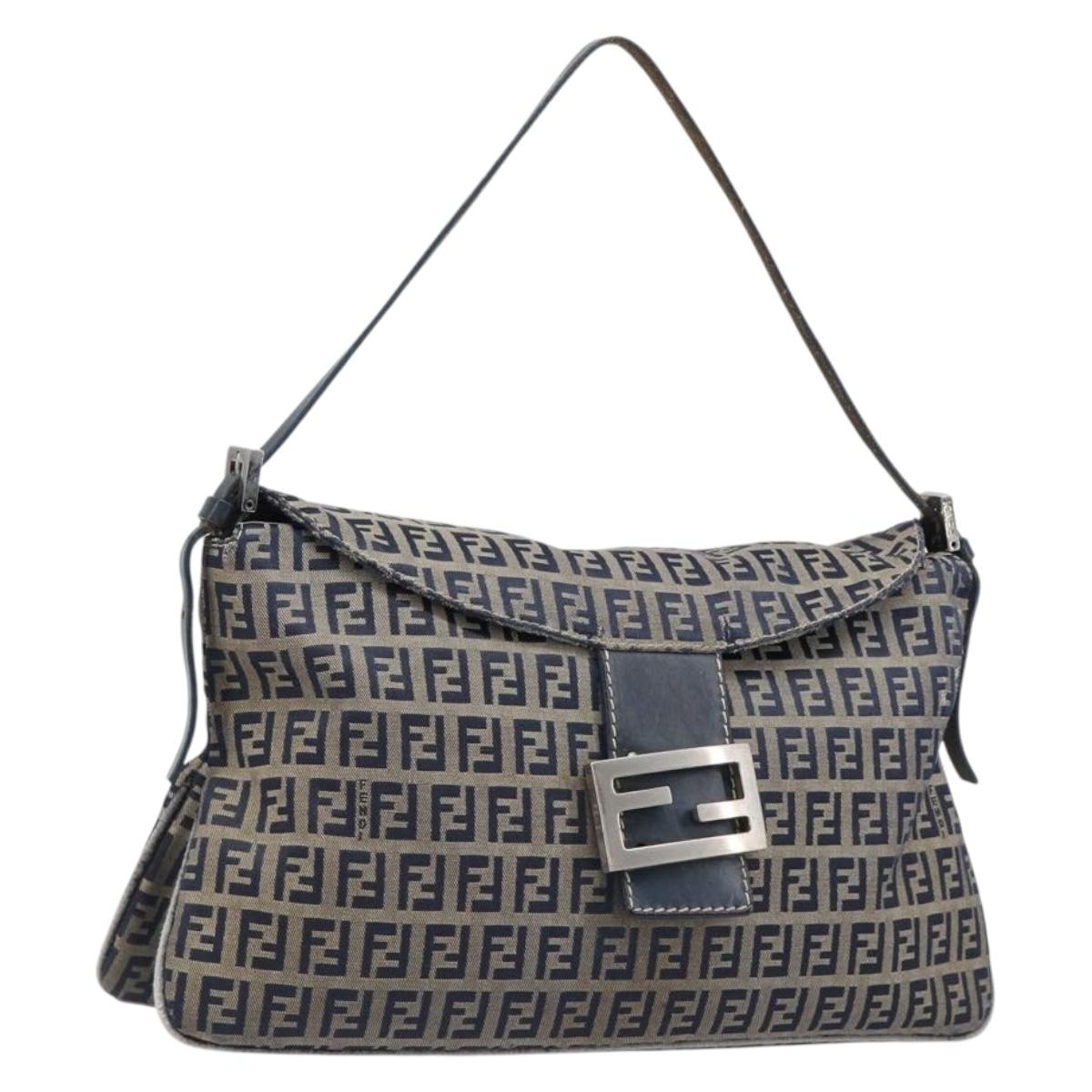 Fendi Zucchino Canvas Mamma Baguette Shoulder Bag Navy Silver (Grade D)
