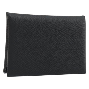 HERMES Calvi Duo Coin Purse Leather Black Silver Auth 196067V