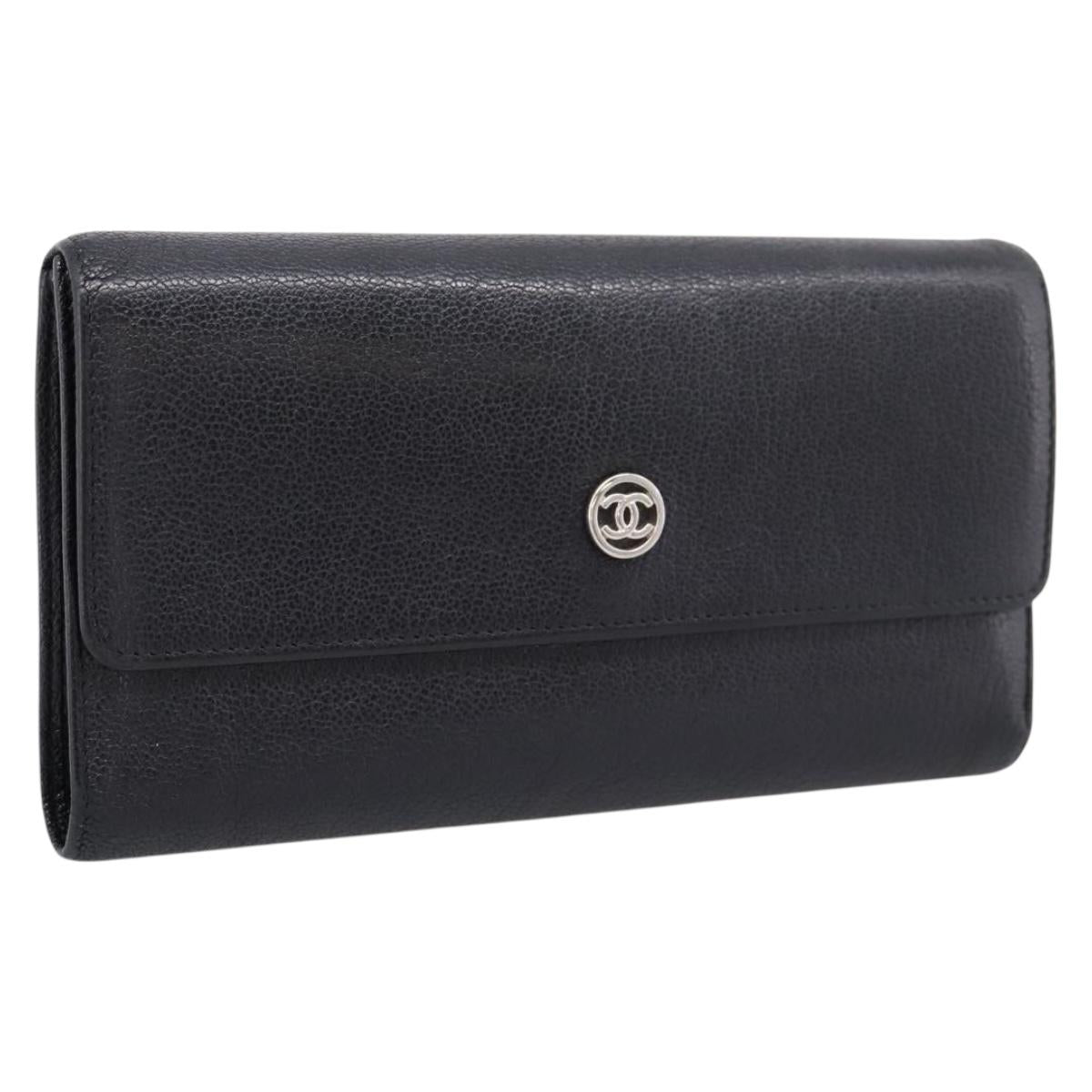 Chanel Long Wallet Leather Black Silver CC