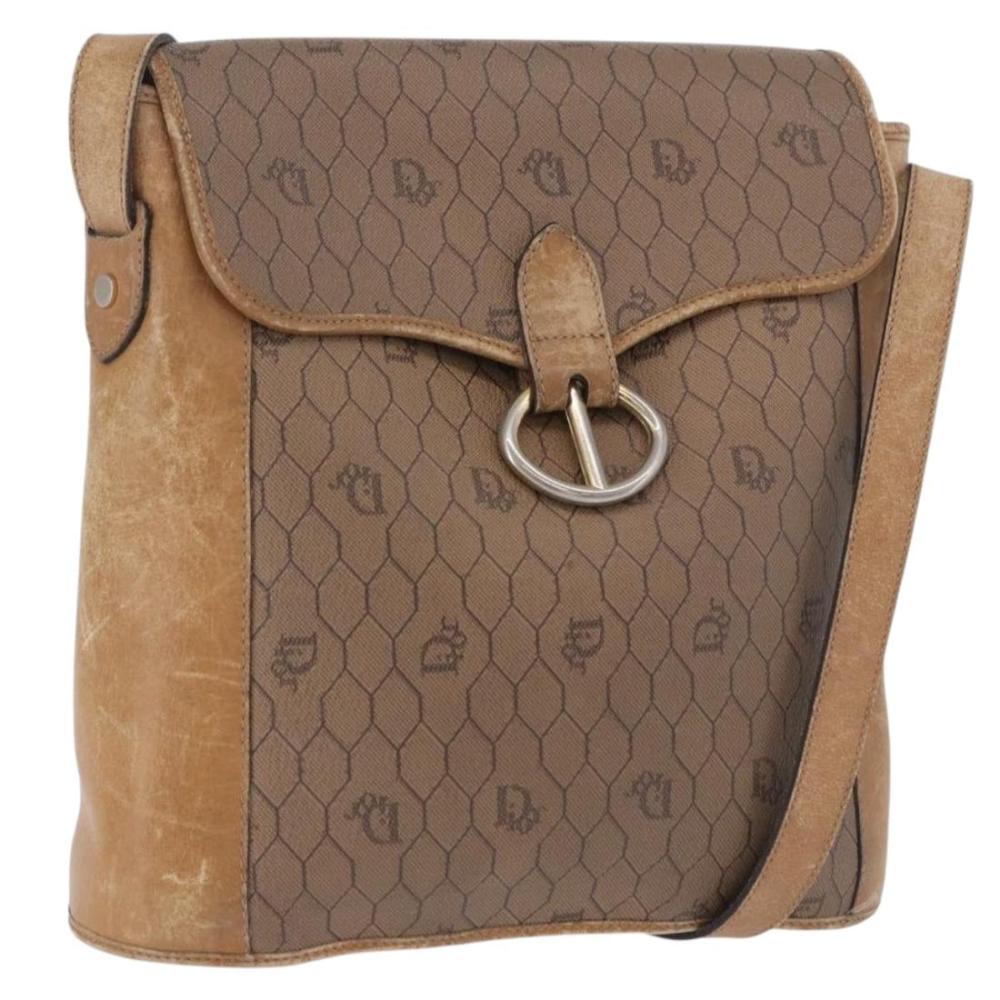 Christian Dior Honeycomb Canvas Shoulder Bag PVC Beige Gold