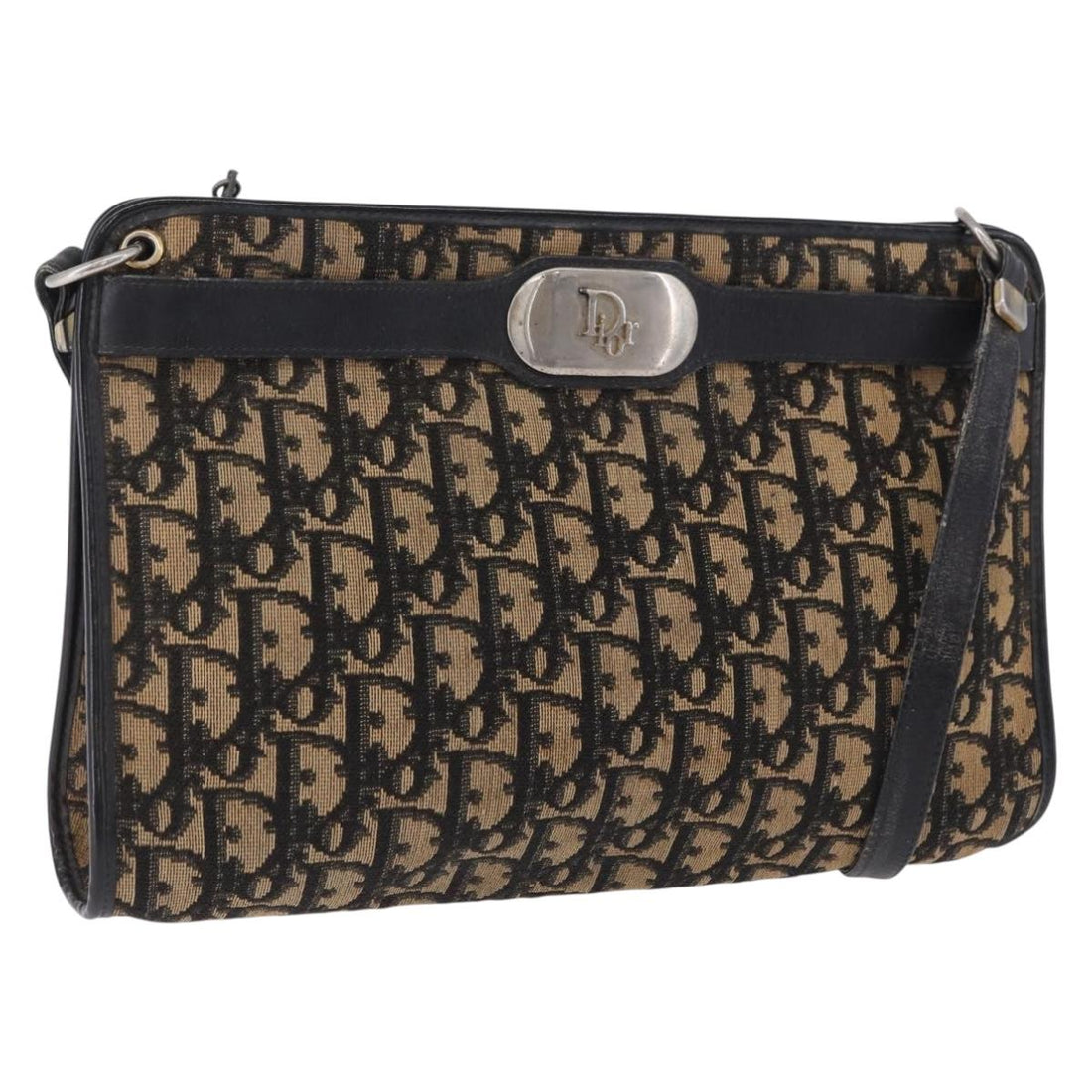 Christian Dior Trotter Canvas Shoulder Bag Navy Gold Auth BA15147
