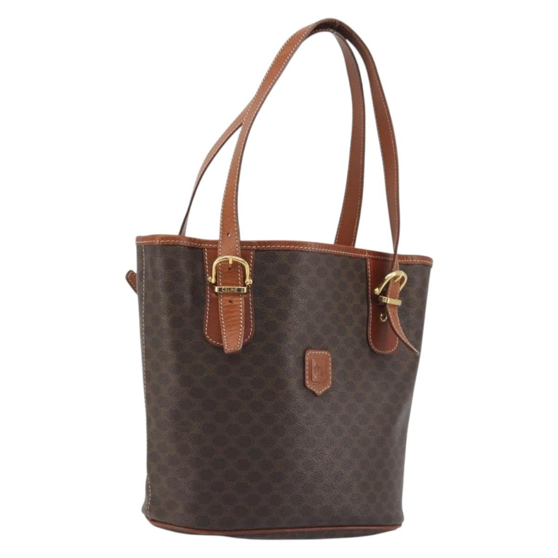 CELINE Macadam Canvas Tote Bag PVC Leather Brown Gold Auth mr2863