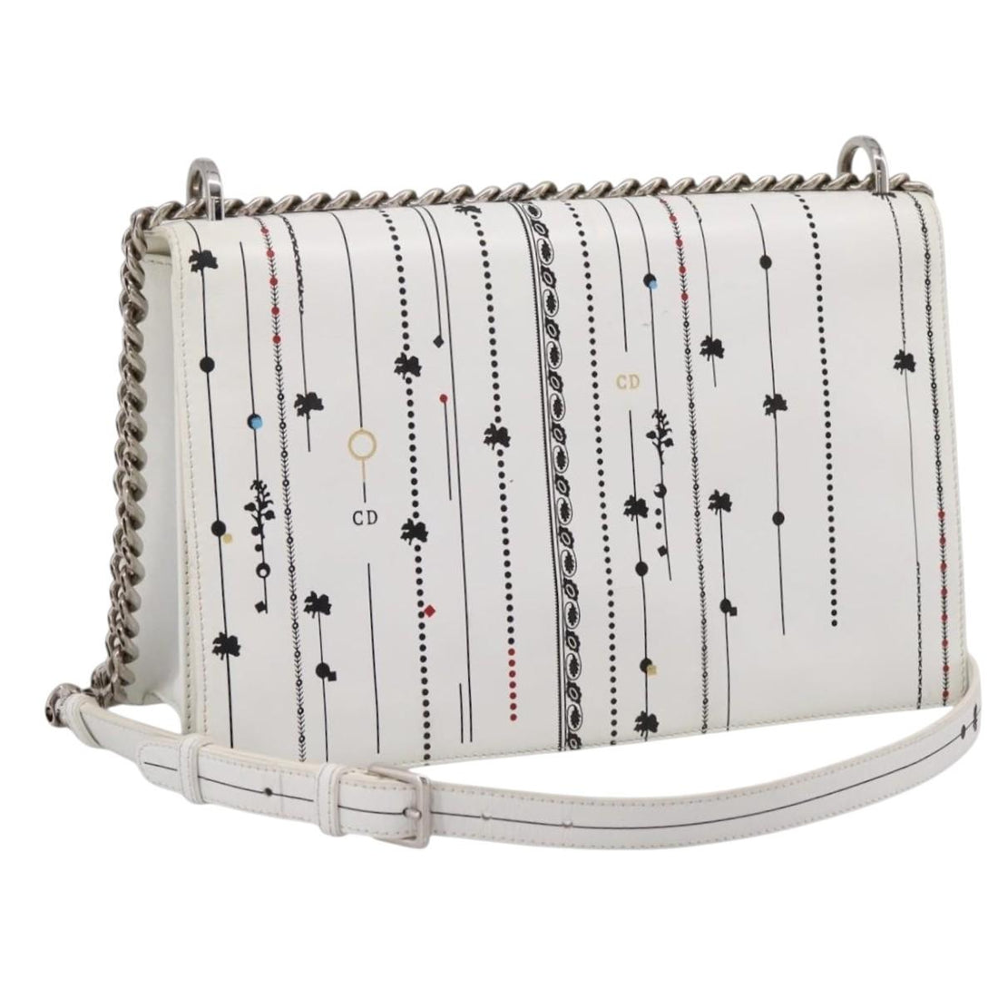 Christian Dior Diorama Chain Shoulder Bag Leather White Silver Auth 196404A