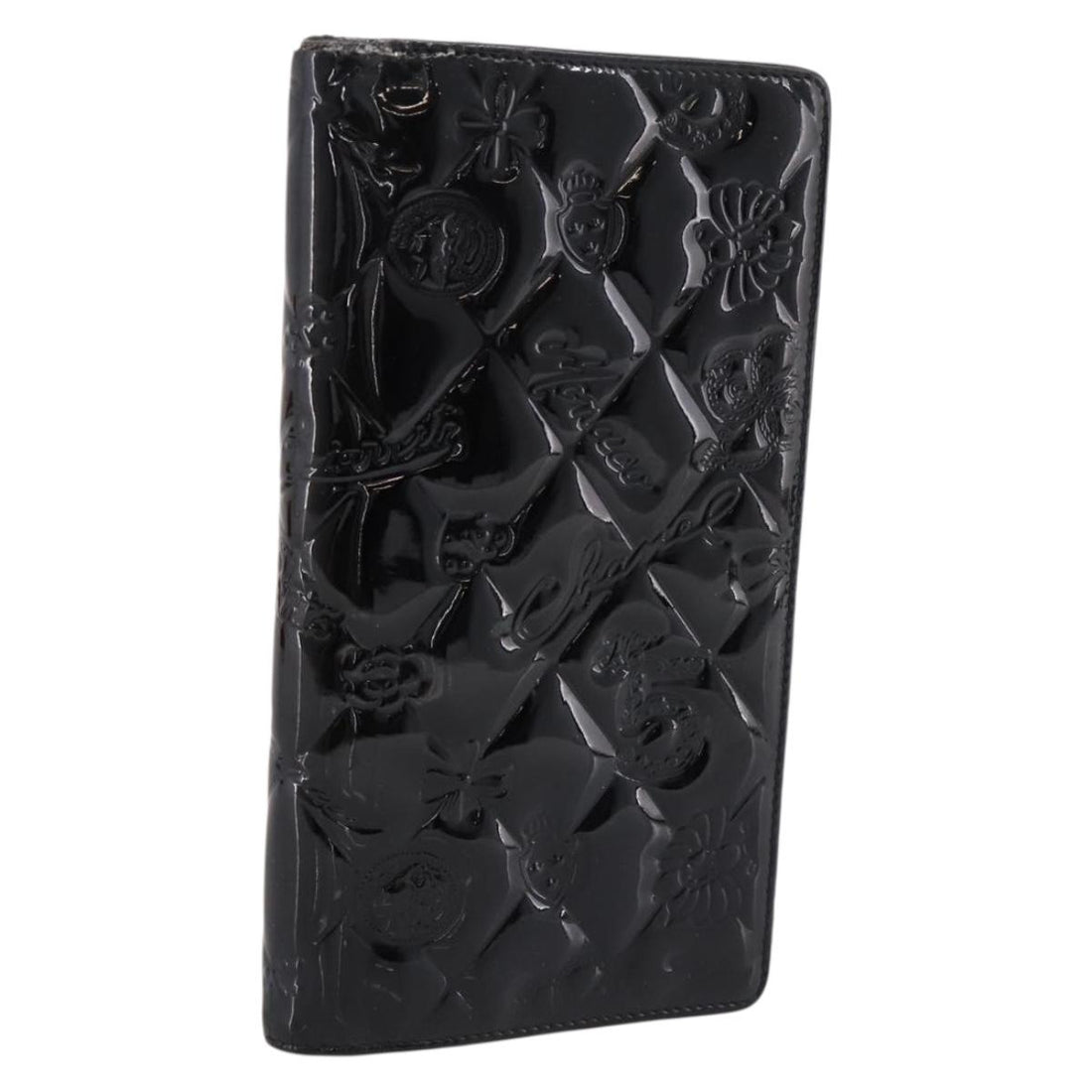 CHANEL Icon line Long Wallet Patent leather Black CC Auth 198760