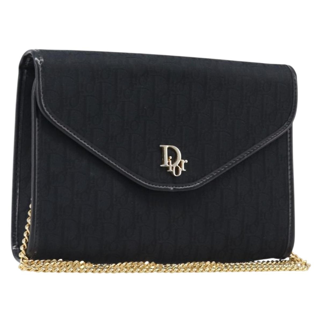 Christian Dior Trotter Canvas Chain Shoulder Bag Black Gold Tone
