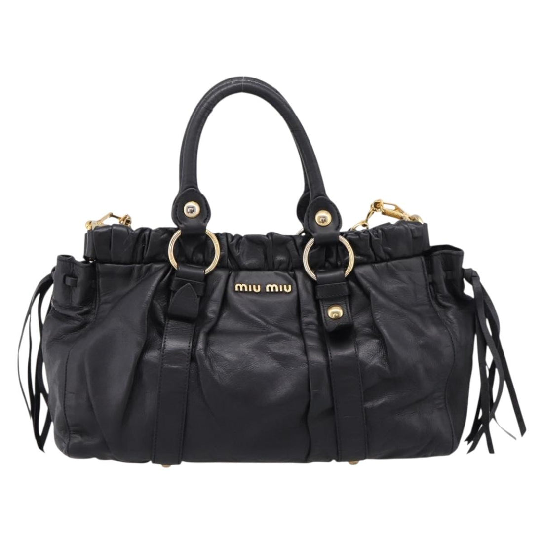 Miu Miu Vitellolux Hand Bag Leather 2way Black Gold Tone Auth 196431