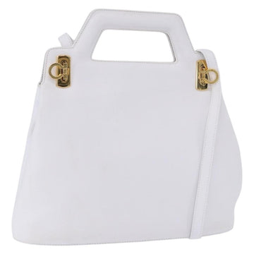 Salvatore Ferragamo Gancini Hand Bag Leather 2way White Gold Auth 196350