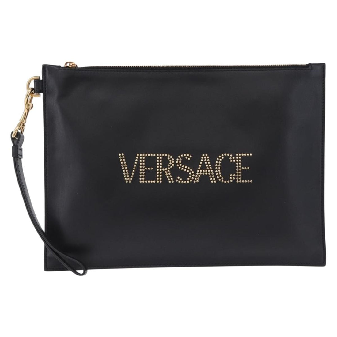 VERSACE Clutch Bag Leather Black Gold Auth BA15138A