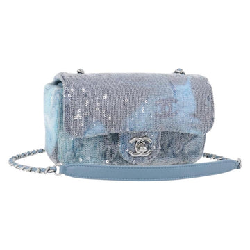 Chanel Mini Matelasse Chain Shoulder Bag Sequin Blue Silver CC
