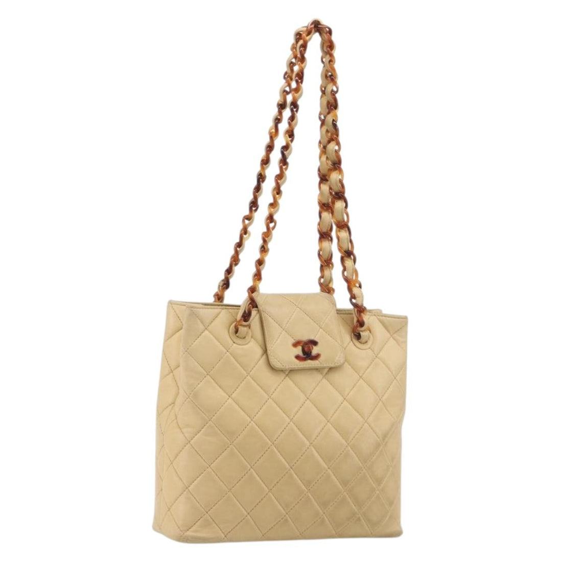 CHANEL Matelasse Chain Shoulder Bag Lamb Skin Beige CC Auth 196671A