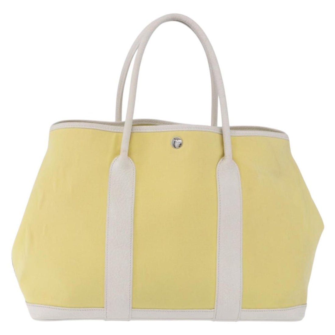 HERMES Garden Party PM Tote Bag Canvas Yellow Silver Auth 198723A