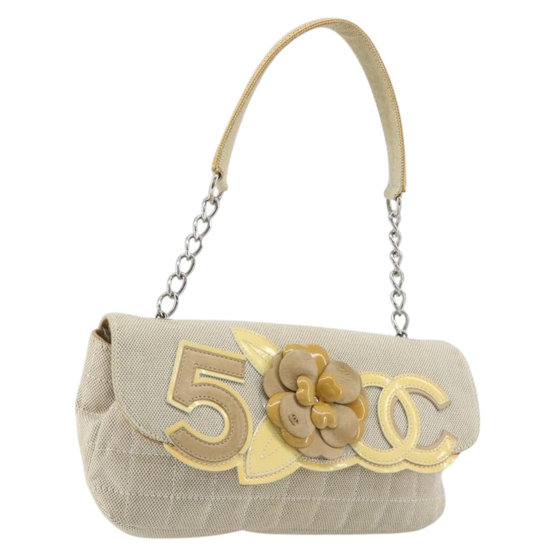 CHANEL No. 5 Camellia COCO Mark Chain Bag Canvas Beige Silver CC Auth ka5765A