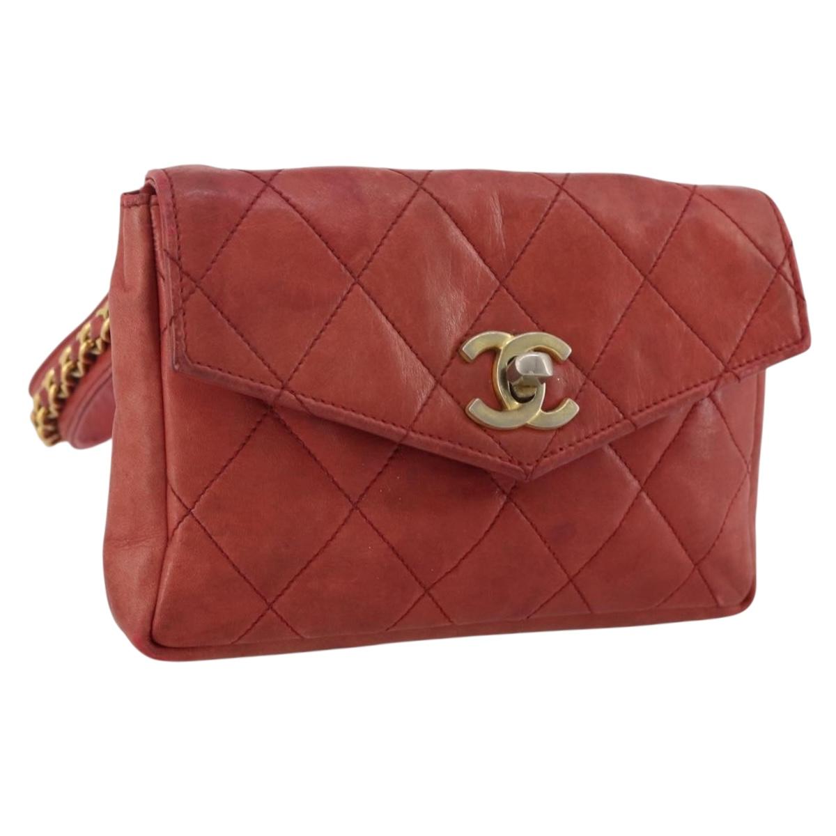 Chanel Matelasse Waist Bag Leather Red Gold Tone CC