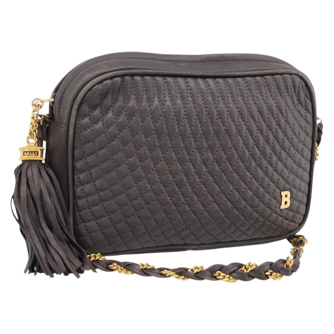 BALLY Chain Shoulder Bag Leather Gray Gold Tone Auth 196399A