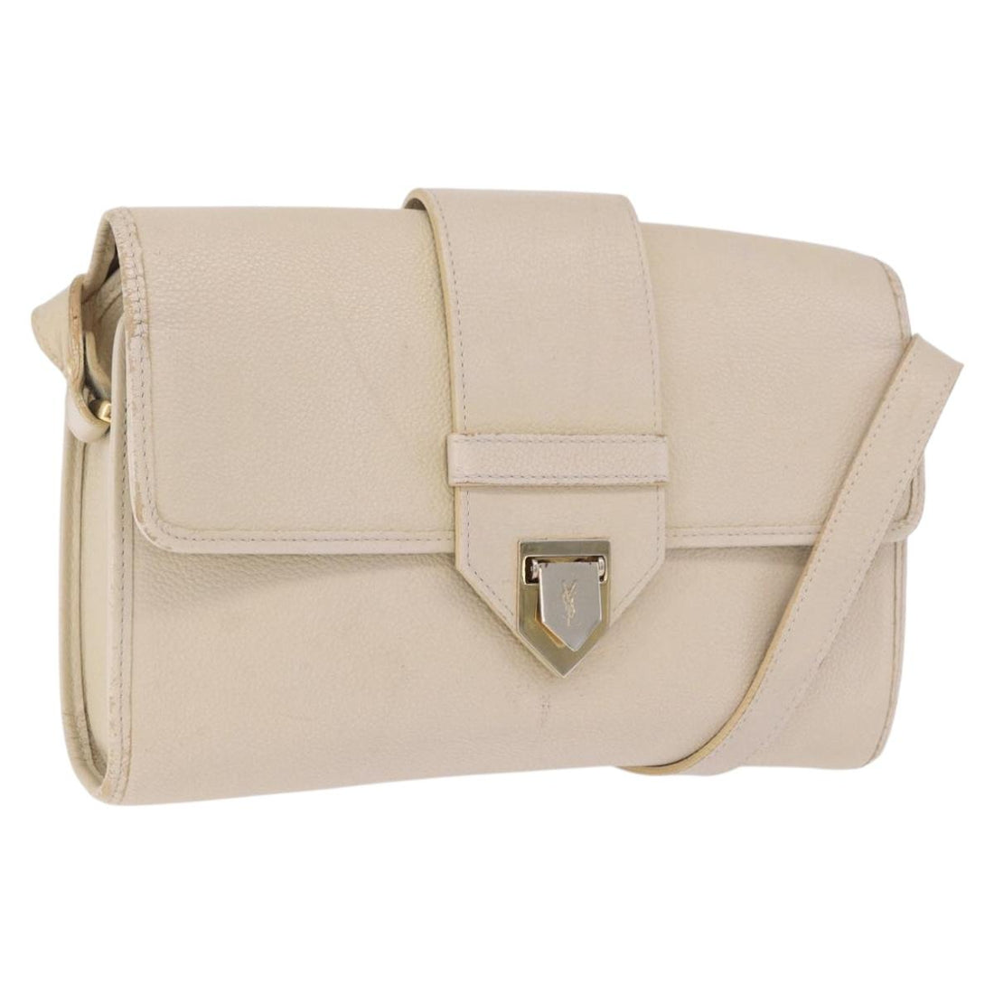 SAINT LAURENT Shoulder Bag Leather White Gold Auth BA15275