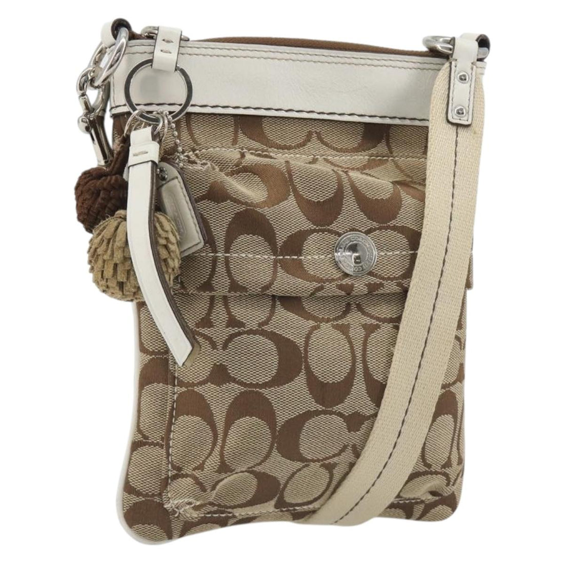 Coach Shoulder Bag Canvas Beige Silver Auth 196751A