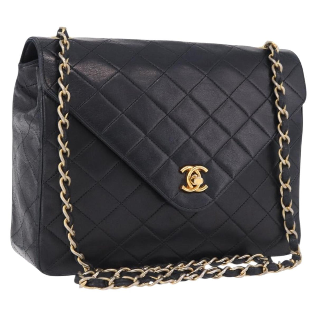 CHANEL Matelasse Chain Shoulder Bag Lamb Skin Black Gold Tone CC Auth 198373V
