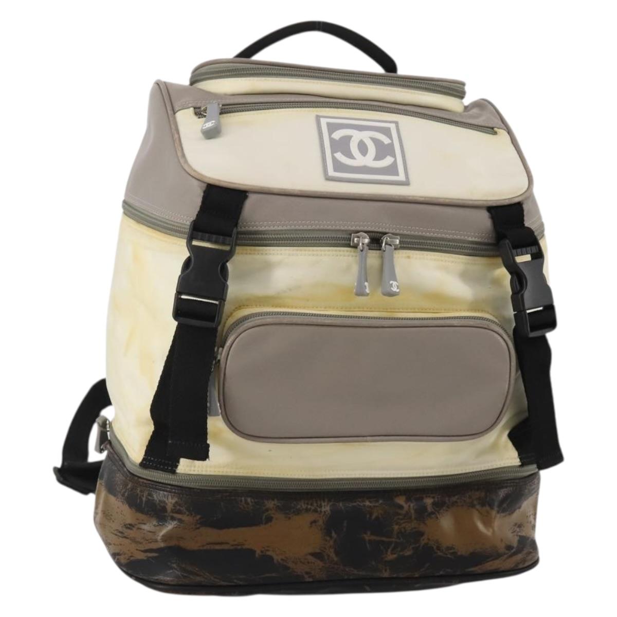Chanel Sports Line COCO Mark Backpack Nylon Leather Beige Silver CC