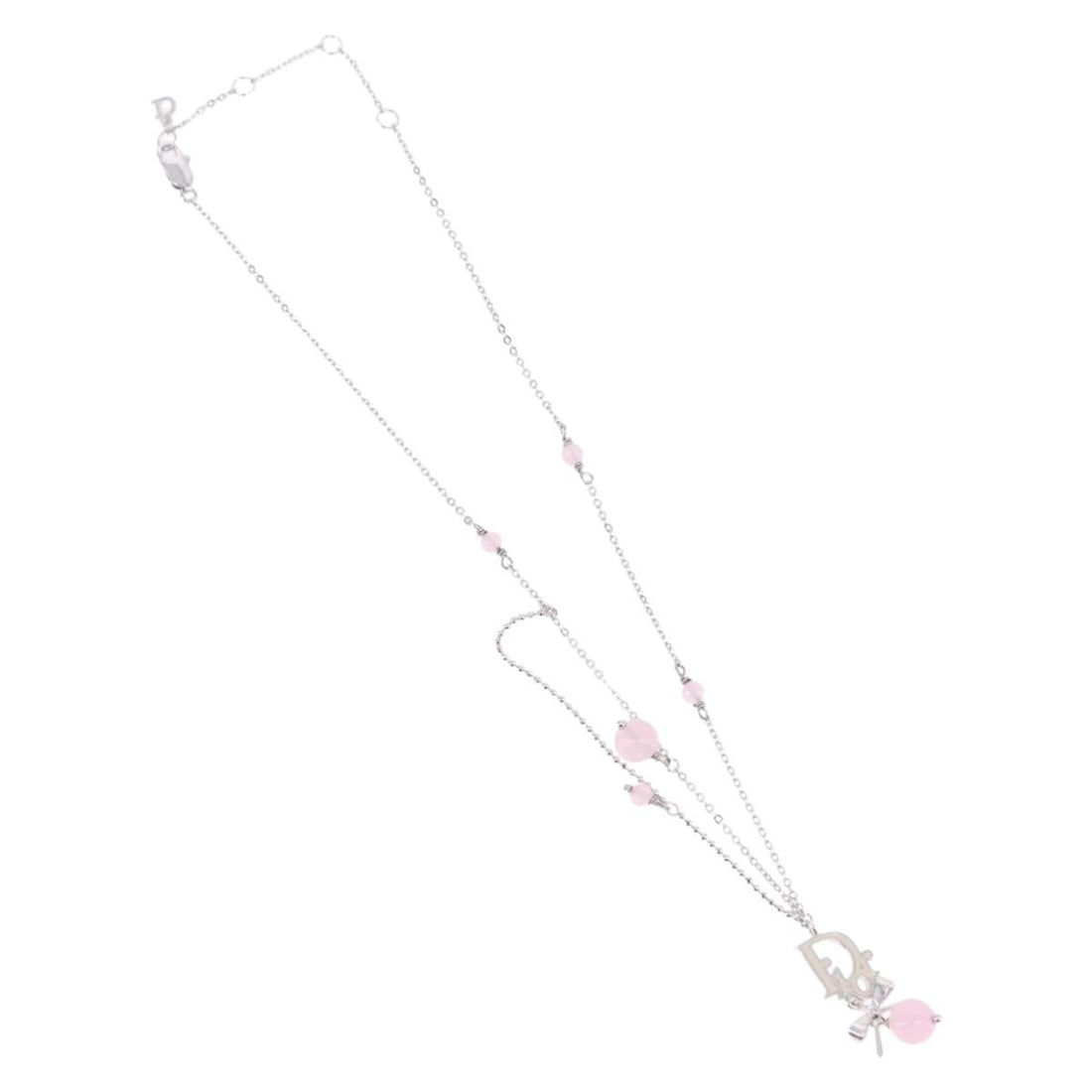 Christian Dior Ribbon Necklace Metal Silver Pink Auth am12310M