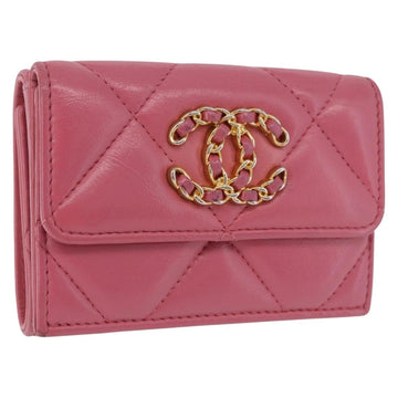 CHANEL Chanel 19 Matelasse Small Flap Wallet Leather Pink Gold CC Auth 196453V