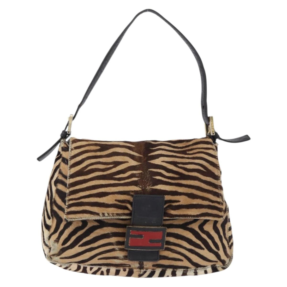 FENDI Mamma Baguette Shoulder Bag Harako leather Beige Black Auth 198478A