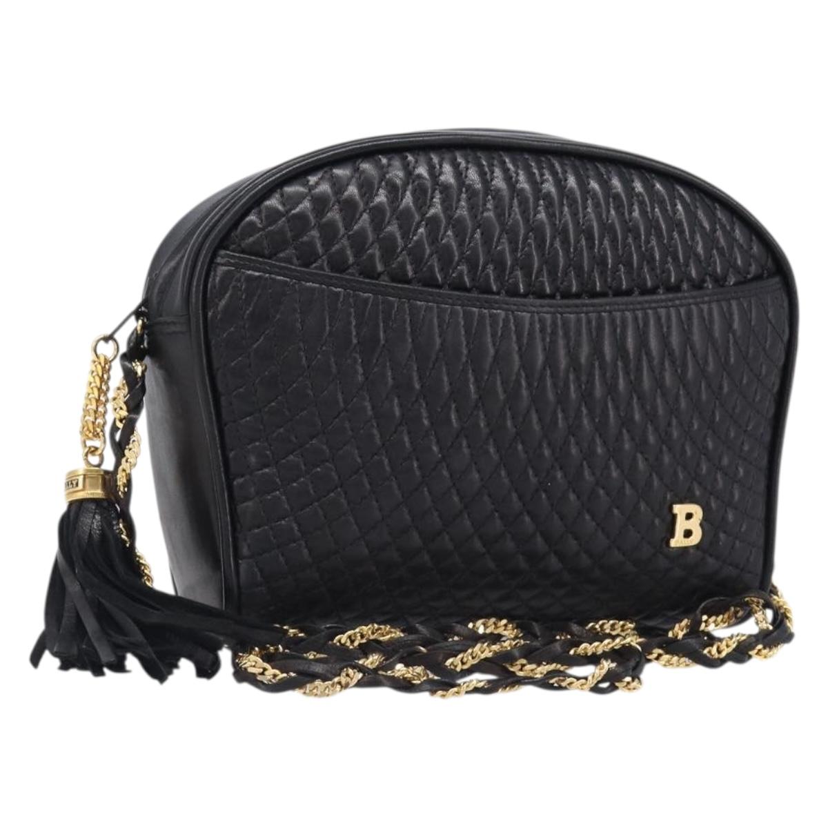 Bally Chain Shoulder Bag Leather Black Gold Tone (Grade B)