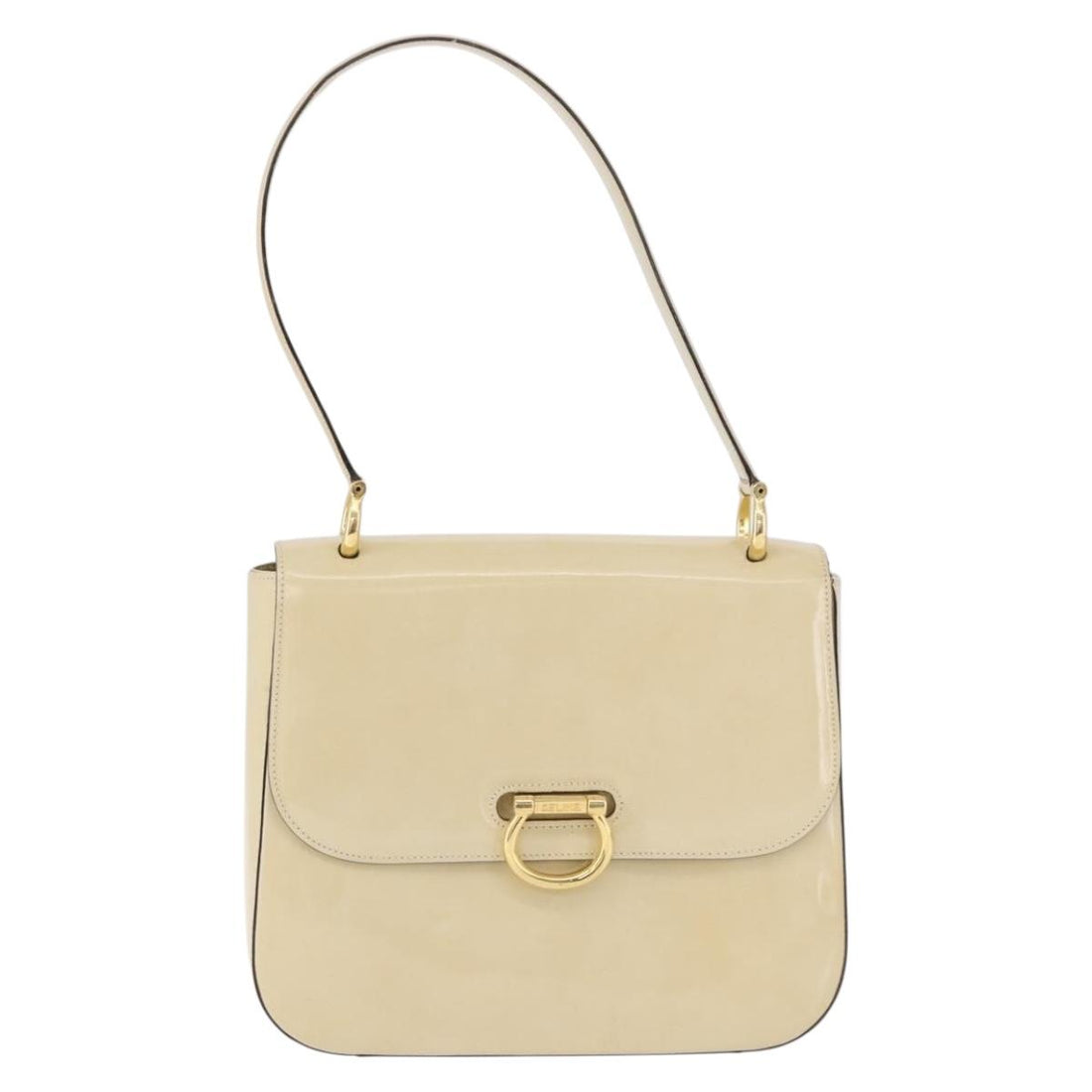 CELINE Shoulder Bag Patent Beige Gold Tone Auth 198345A