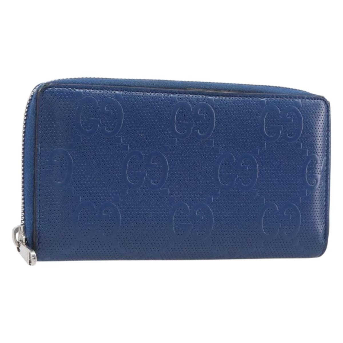Gucci GG emboss Long Wallet Leather Blue Silver