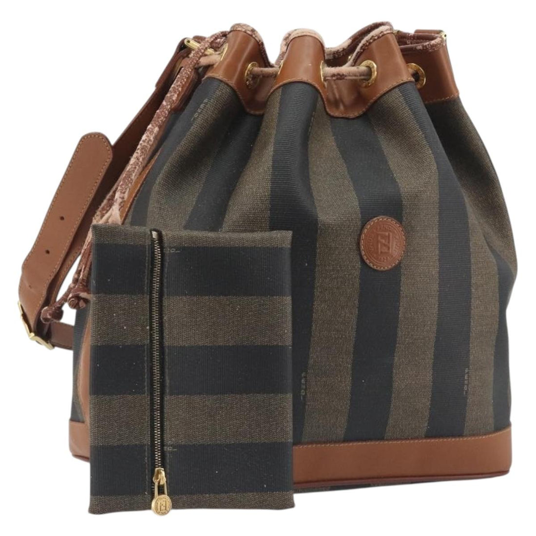 FENDI Pecan Shoulder Bag PVC Leather Black Gold Tone Auth 191181