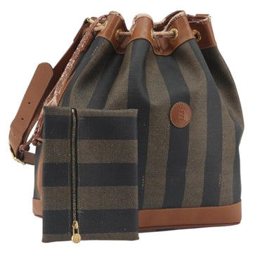 FENDI Pecan Shoulder Bag PVC Leather Black Gold Tone Auth 191181