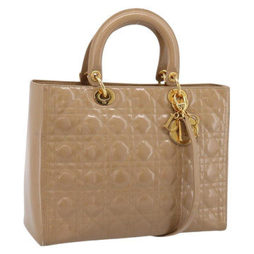 Christian Dior Cannage Lady Dior Large Hand Bag Patent Beige Gold Auth 198677A