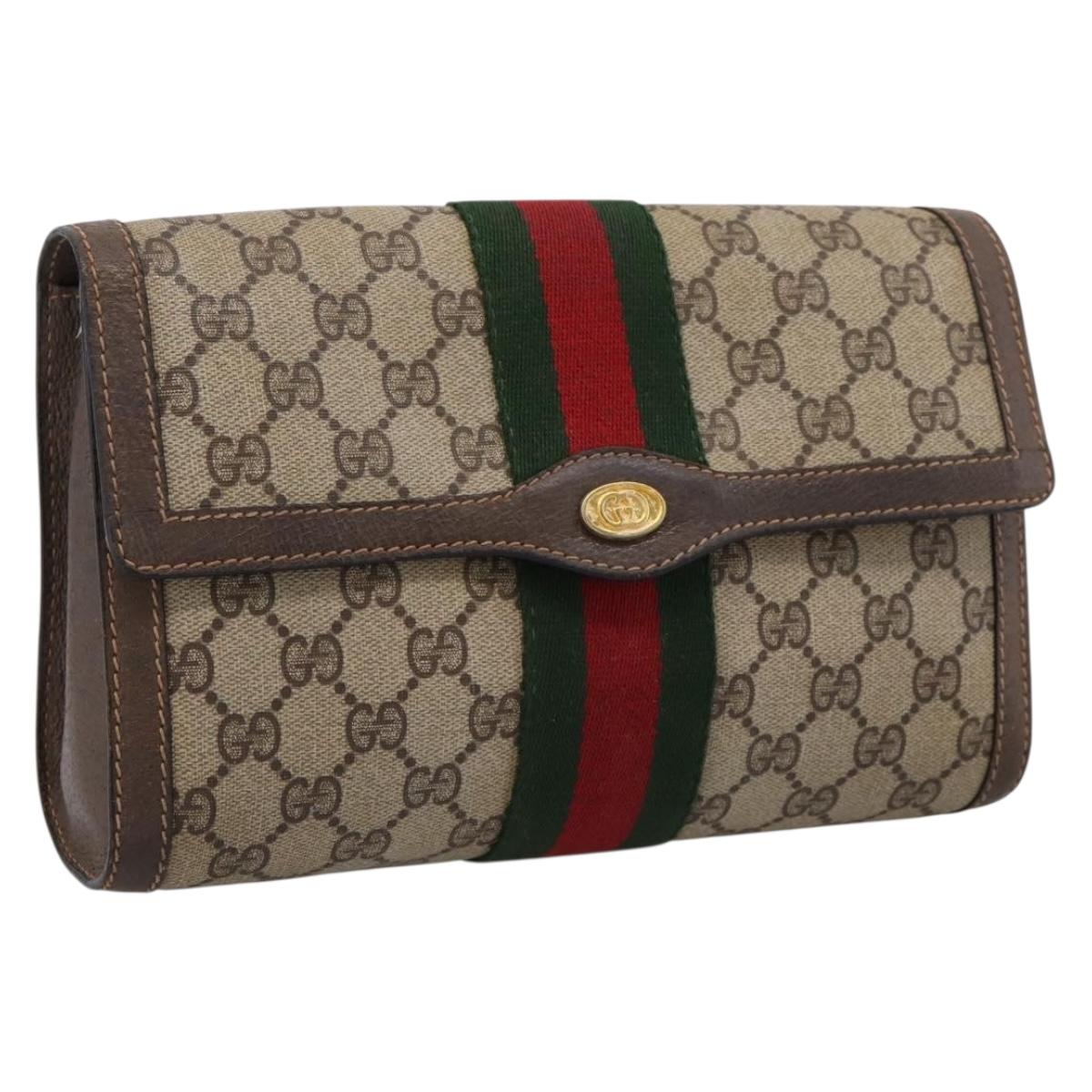 Gucci GG Supreme Web Sherry Line Clutch Bag PVC Beige Gold