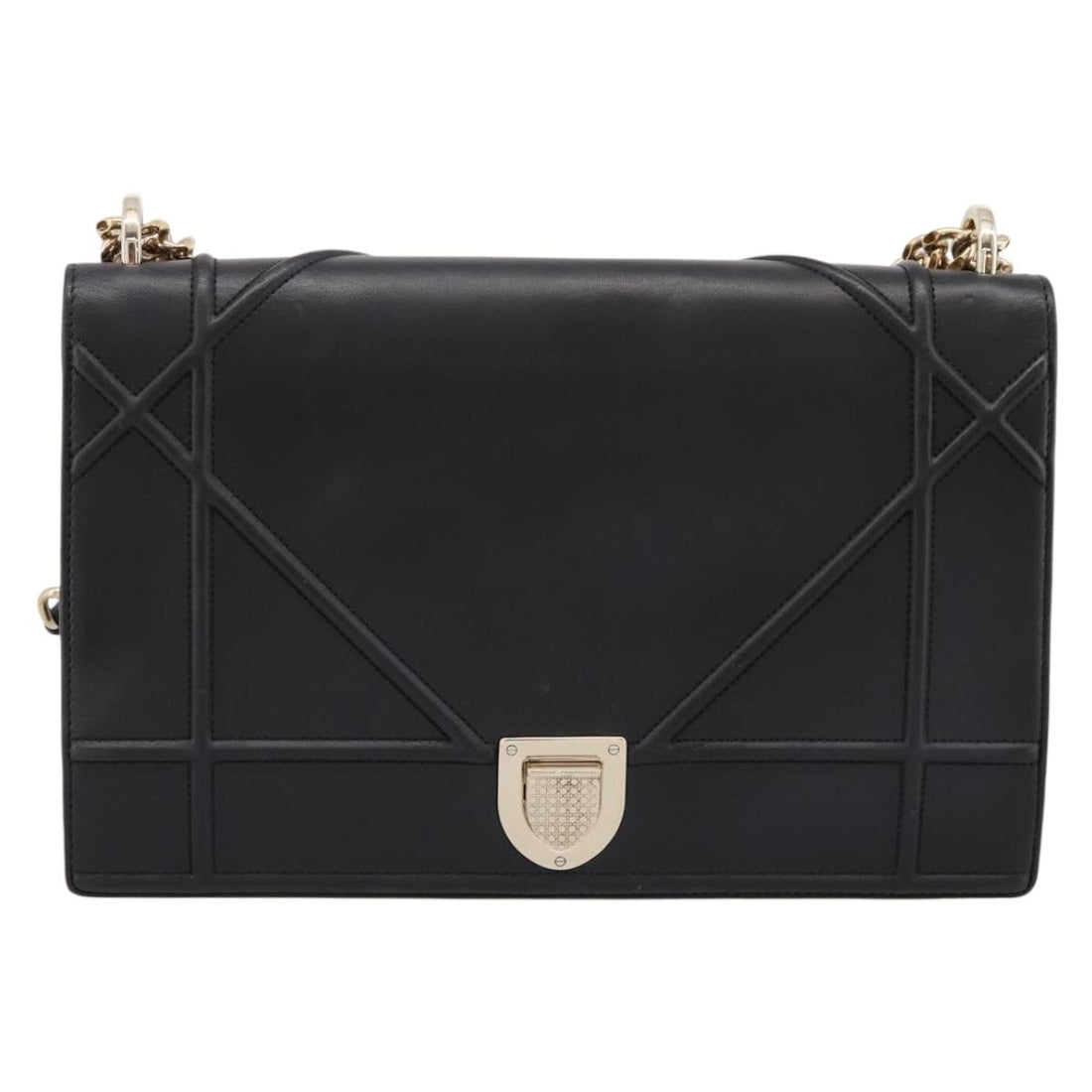 Christian Dior Diorama Chain Shoulder Bag Leather Black Gold Tone Auth 198661A