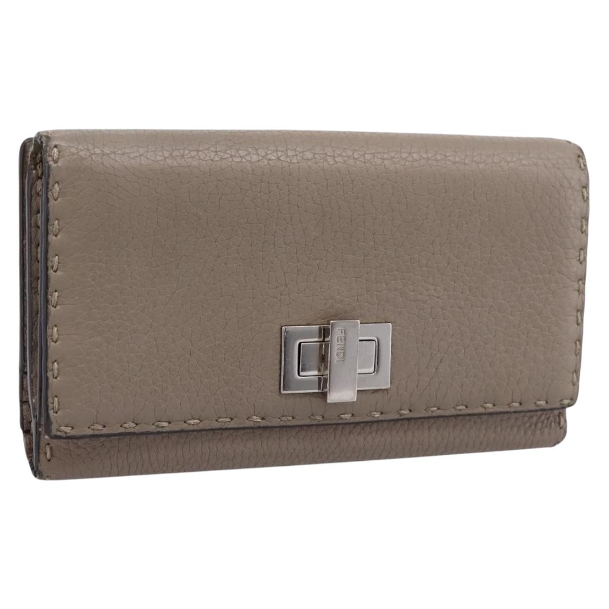 Fendi Celeria Long Wallet Leather Beige Silver