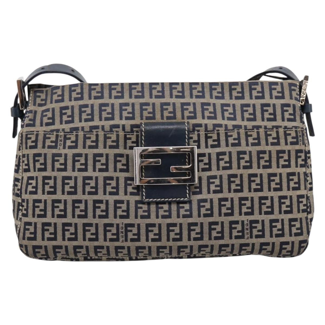 FENDI Zucchino Canvas Mamma Baguette Shoulder Bag Navy Silver Auth 197199A