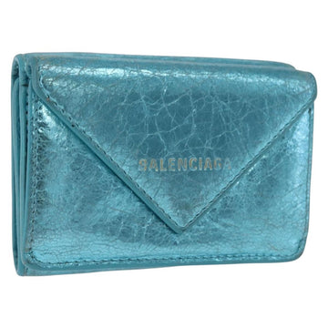 BALENCIAGA Paper Mini Wallet Leather Light Blue Silver 391446 Auth 195242A