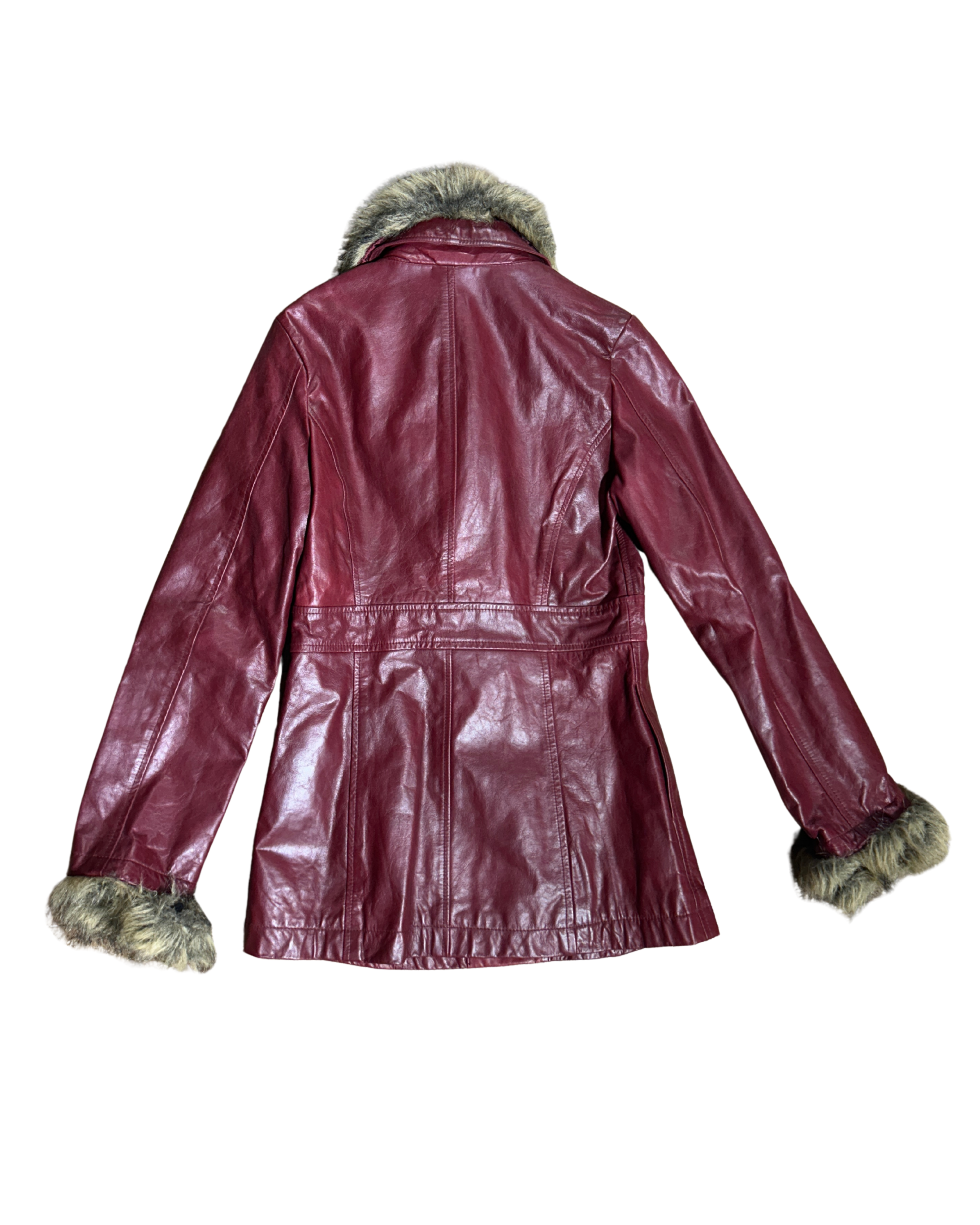 Burgundy Leather jacket with Fur Cuffs & Collar