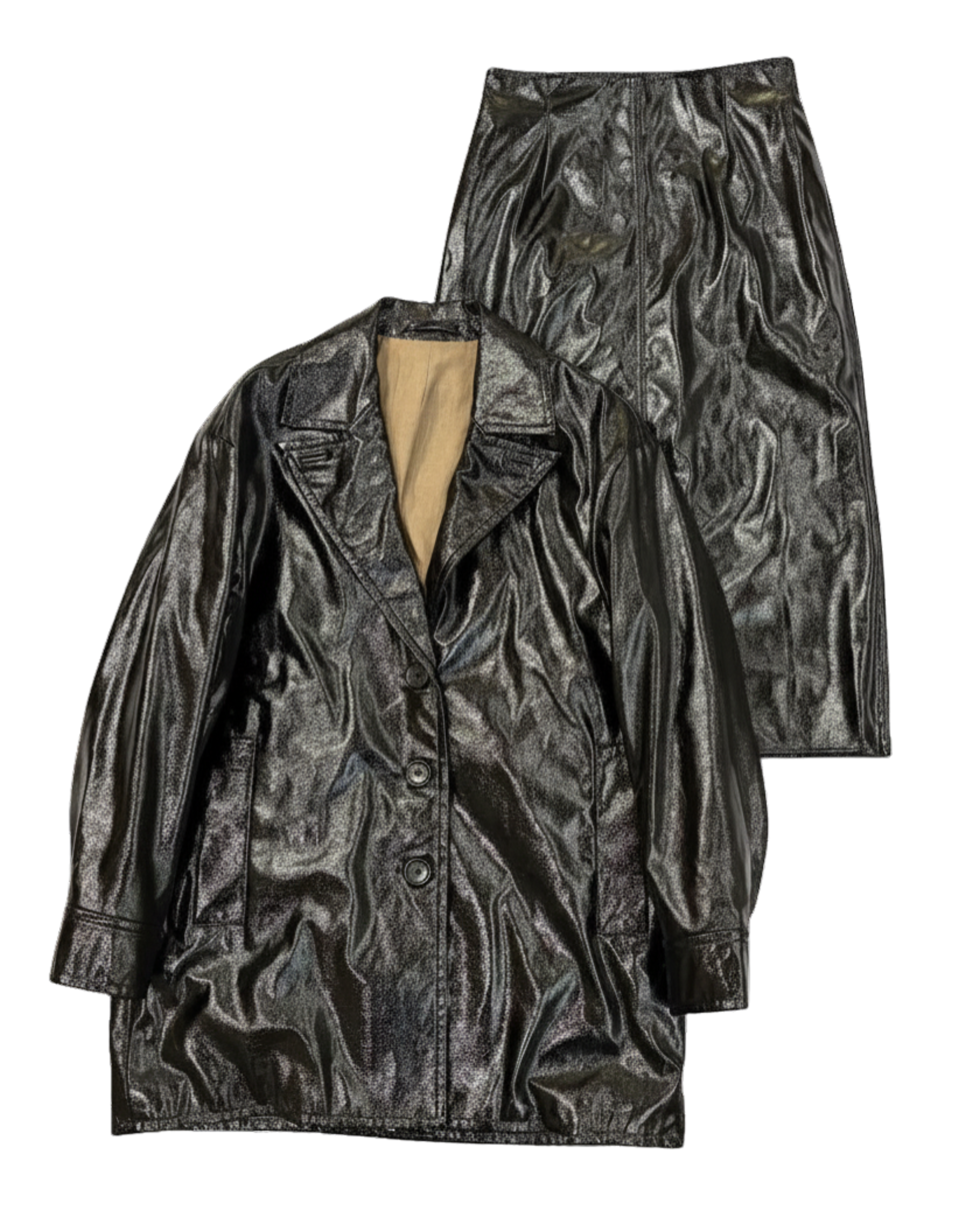 SHIRAHATA Patent Leather Look Skirt Suit Top and Bottom