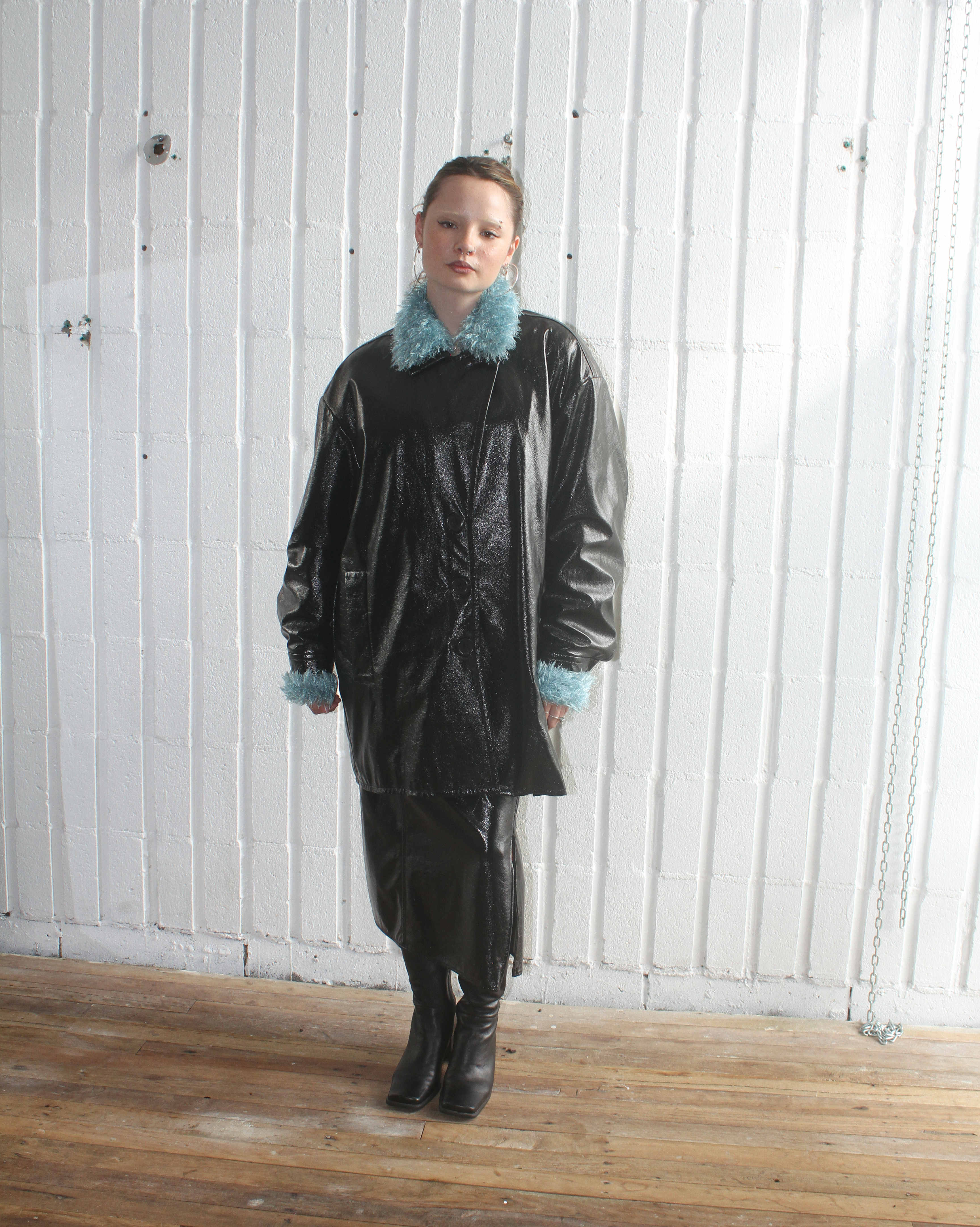 SHIRAHATA Patent Leather Look Skirt Suit Top and Bottom